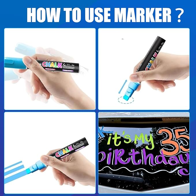 Window Chalk Markers for Cars Glass Washable, 16 Colors Jumbo Liquid Chalk Marker Pens with 10mm 3 in 1 Nib Wide Tips, Big Chalkboard Markers Car Window Paint Pens for Auto, Bistro, Mirror, Poster