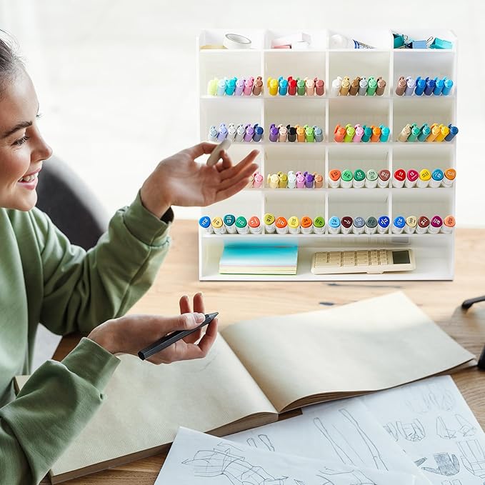 Acrylic Pen Organizer Storage for 250 Markers Vertical Marker Organizer Acrylic Pen Display Holder for Office Desk Desktop Stationery Pencil Storage, White, 13 x 4 x 12.4 Inch