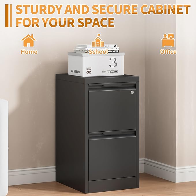 2-Drawer Metal File Cabinet with 1 Lockable Drawer,Steel Printer Stand with Storage for Home Office,Vertical Filing Cabinet for Legal/Letter/A4 Files,Assembly Required(15''W-2 Drawers,Black)