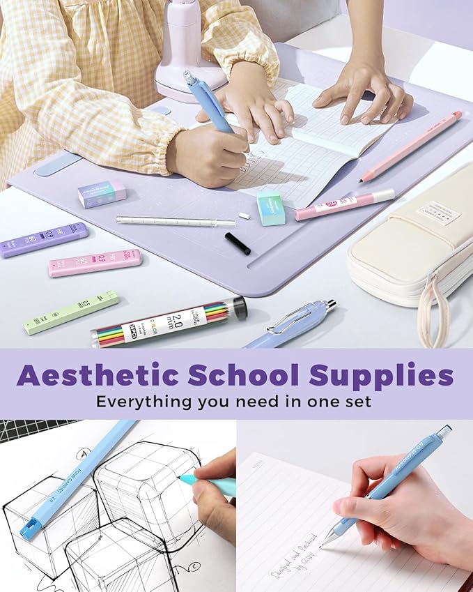 Four Candies 42PCS Aesthetic School Supplies, Mechanical Pencil Set 0.5mm, 0.7mm, 0.9mm, 2.0mm with 696 Lead Refills, Pastel Mechanical Pencils for Writing, Drawing & Drafting (Cream)