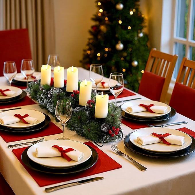 Yungyan Christmas Tabletop Centerpiece 30 Inch, Includes 5 Battery Operated LED Candle Holders, Red Berries, Pine Cones and Base, Christmas Artificial Dinner Table Decorations