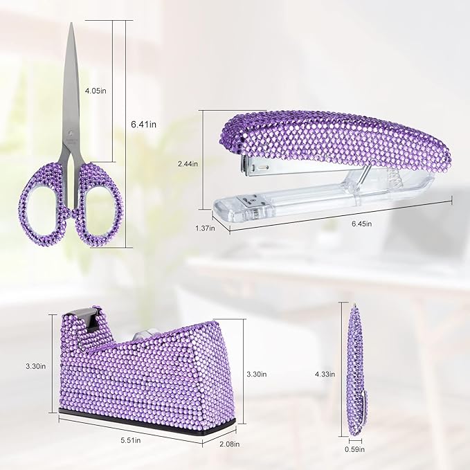 Office Stationery Set,Desk Accessory Kit, Home Office Necessary- Stapler & Desktop Tape Dispenser & Ballpoint Pens & Scissor 4 Piece Office Desk Accessories Kits (Purple)