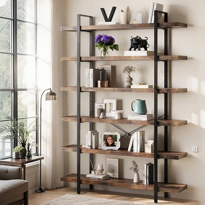 6 Tier Bookcase, 47 Inch Wide Wood Bookshelf, 120lbs Shelf Capacity, Rustic Open Shelving Industrial Display with Reinforced Horizontal Brown Shelves for Living Room Bedroom Office 2 Set