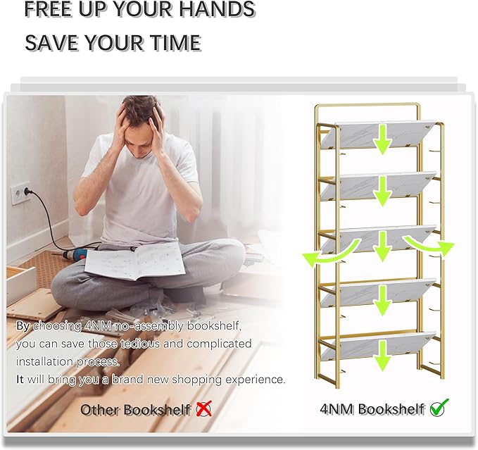 4NM No Assembly 5 Tiers Folding Bookshelf Storage Shelves Vintage Bookcase Standing Racks Study Organizer Home Office (White Gold)