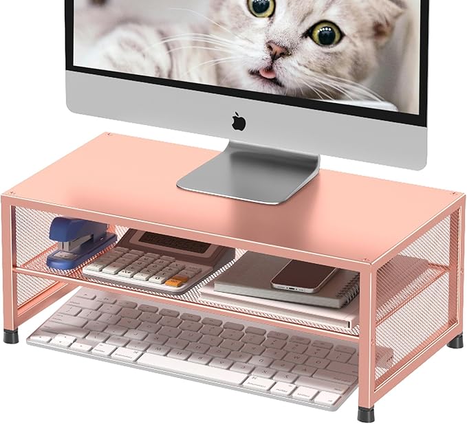 Computer Monitor Stand Riser, Desk Organizers and Accessories, Printer & Laptop Stand, Office Desk Accessories & Desktop Workspace Organizers for Office Supplies (Rose Gold)