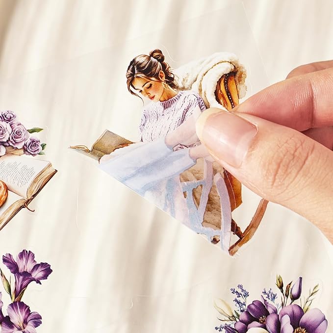 TIAMECH Cloud Flower Gathering Sticker Book - Purple Girl Series, 20 Sheets PET & Washi Stickers for Scrapbooking, Ephemera, Waterproof Junk Journaling Supplies & DIY Crafts