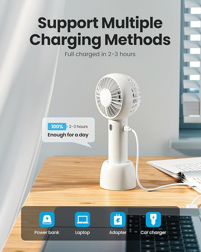 Gaiatop Mini Portable Fan, Small and Powerful, Cute Design 3 Speed Personal Handheld fan and Desktop with Base, Lightweight USB Rechargeable for Travel Lash Makeup Girl Women Summer Gift White