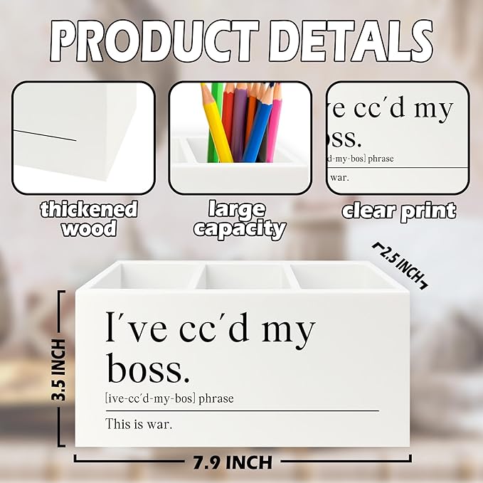 Funny Office Pen Pencil Holder Organizer for Desk, Coworker Gifts for Women Men, I've Cc'd My Boss Funny Wooden Box Sign for Home Office Workplace Desk Tabletop Decorations