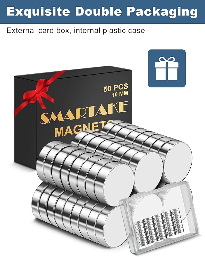 SMARTAKE 50 Pcs Rare Earth Magnets, Multi-Use Premium Neodymium Fridge Magnets, for Refrigerator, Office, Whiteboard, Crafts, DIY Hobbies, Kitchen, Science, Billboard, 10x2.3mm (Silver)