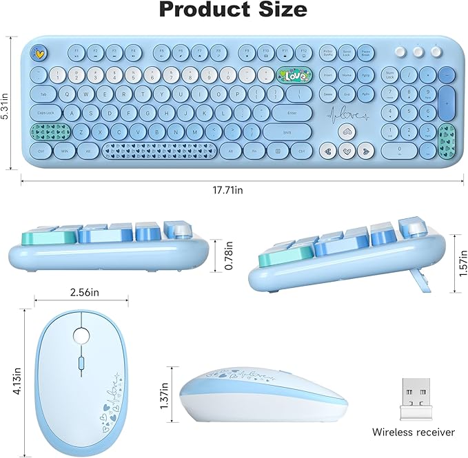 MOFII Wireless Keyboard and Mouse Combo, Cute Full Size Retro Typewriter Keyboard and Wireless Mouse, 2.4GHz Set for PC/Desktop/Laptop/Windows (Blue Colorful)