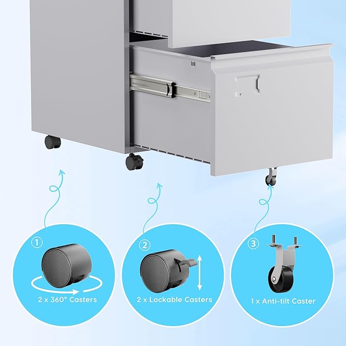 Aobabo 2 Drawer File Cabinet with Wheels, Lockable Metal Filing Cabinet with Business Card Slot for Legal/Letter Size Home Office, Required Assembled,White