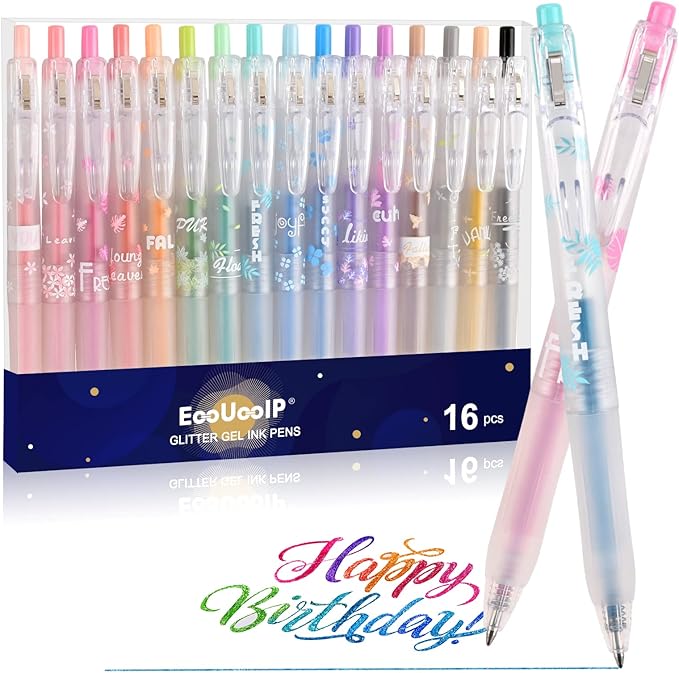 EooUooIP Glitter Gel Pens, 16 Assorted Colors 0.7MM Fine Tip Retractable Rolling Ball Pens, Quick-Drying Ink Sparkly Gel Ink Pens for Adults Journaling Coloring Books Drawing Doodling