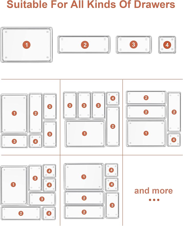 SMARTAKE 29-Piece Drawer Organizer with Non-Slip Silicone Pads, 4-Size Desk Drawer Organizer Trays Storage Tray for Makeup, Jewelries, Utensils in Bedroom Dresser, Office and Kitchen (Clear)