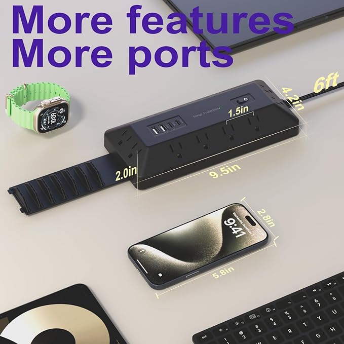 Surge Protector Power Strip with USB Ports, 12 Outlets 2 USB-C 2 USB-A, 6 Ft Flat Plug Extension Cord, Multi Plug Outlet as Charging Station for Desk, Office, Home,Dorm, UL Certification (Black)