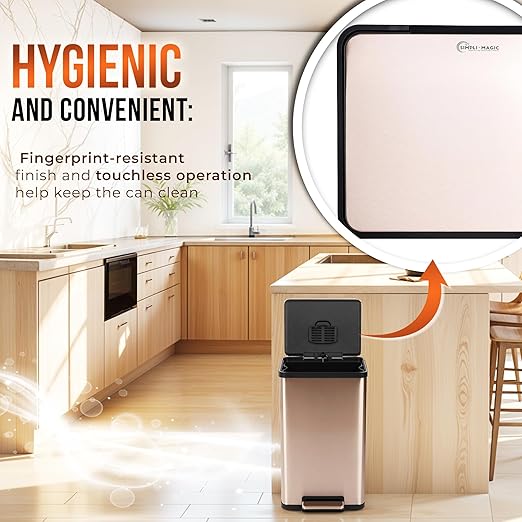Simpli-Magic 13.2 Gallon (50L) Step Trash Can – Kitchen Garbage Can with Slow-Close Lid – Odor Control, Hands-Free, Easy to Clean, Brushed Stainless Steel (Rose Gold)