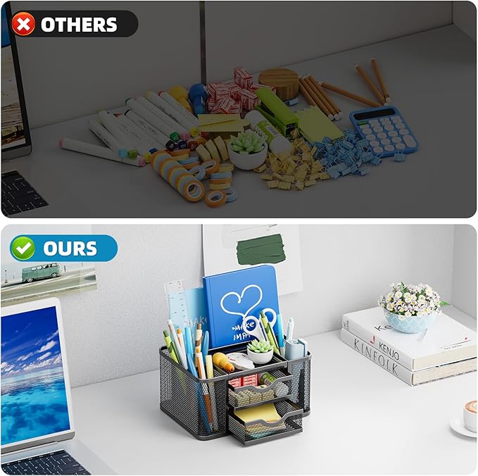 Marbrasse Mesh Desk Organizer, Pen Organizer with 2 Drawer, Multi-Functional Pencil Holder, Desk Organizers and Accessories with 5 Compartments + Drawer for Office Art Supplies (Black)