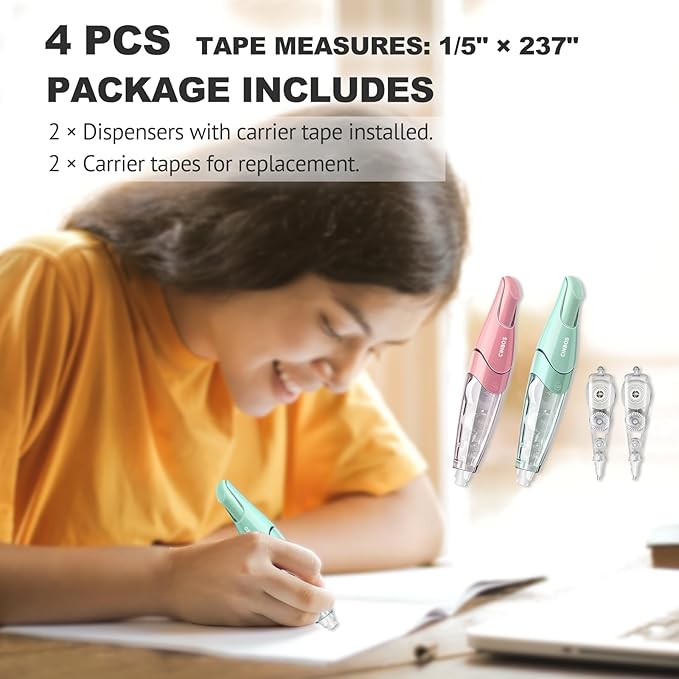 Refillable Retractable White Correction Tape, White Smooth Pull Out Correction Tape with 2 Extra Refills, Cute Correction Tape for Office Supplies, 4 PCS (CS-25)