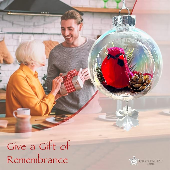 Cardinal Christmas Ornament - Handmade Shatterproof Decorations for Indoor Outdoor Xmas Tree - Clear Ball Ornaments with Magnetic Crystal - Great Gift or Stocking Stuffer for Mom, Sister, Friend