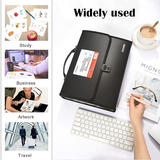 25 Pockets Letter Size/A4 Accordion File Organizer with Handle, TRANBO Expanding File Folder, Expandable Document Paper Organizer for Travel School Office - 1 Pack