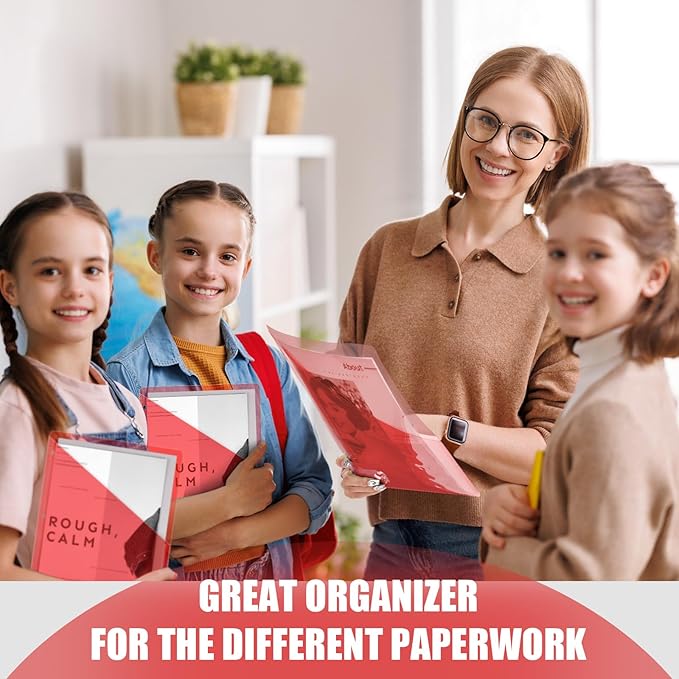 Seajan 100 Pcs Pocket Folders for 3 Ring Binder Clear Plastic Folders Sleeves with 2 Pockets 3 Hole Punch Binder Dividers Poly Slash File Jackets for Office School Document Organizer (Red)