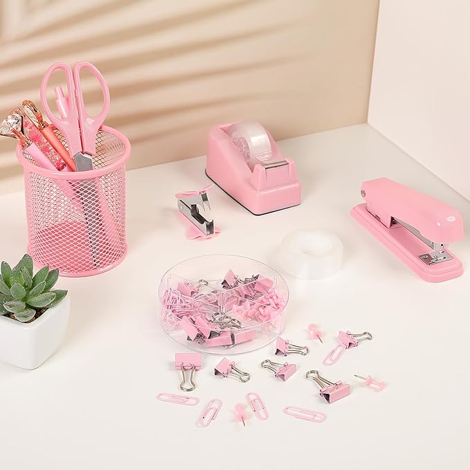 SKYDUE Pink Office Desk Accessories, Pink Office Supplies, Stapler, Tape Dispenser, Scissors, Clips and 1000pcs Staples,Office Supplies for Desk for Women