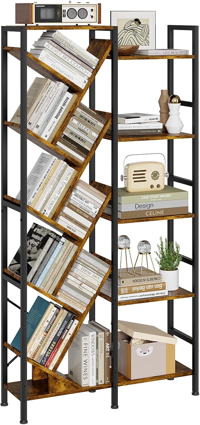 5-Tier Double Wide Bookshelf 67" , Industrial Tree BookShelves, Vintage Storage Rack with 14 Open Shelves, Large Bookcase, Wooden and Metal Bookshelves, Wide Display Rack for Home Office Decorative
