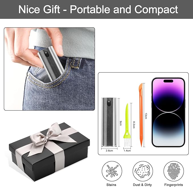 walrfid 2 Pack Car Screen Cleaner, Computer Screen Cleaner Spray and Wipe, Laptop Cleaning Mist Kit for Electronic iPad, iPhone, Phone, MacBook, TV, Monitor Display, WF-4pcsPW-BlackGrey