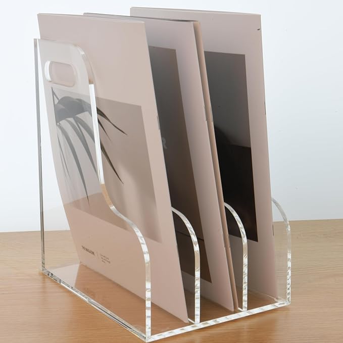 3 Vertical Compartments File Holder, Clear Acrylic Desk Organizer and Storage Bins Holding for Magazines, Binders, Notebooks, Envelopes, Multi-purpose Document Organizer for Home Office