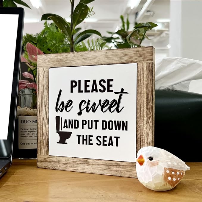 Wooden Box Signs for Home Decor, Funny Bathroom Sign, Please Be Sweet and Put Down the Seat Sign, Farmhouse Bathroom Decor Tabletop, Rustic Bathrooms Signs