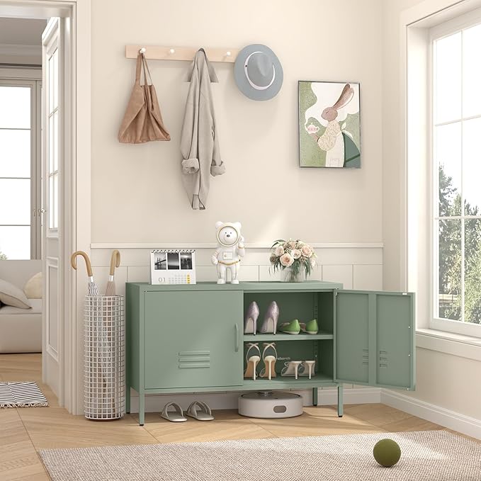 Metal Storage Cabinet,Short TV Cabinet with Storage,Modern TV Stands for Bedroom,Classroom,Green