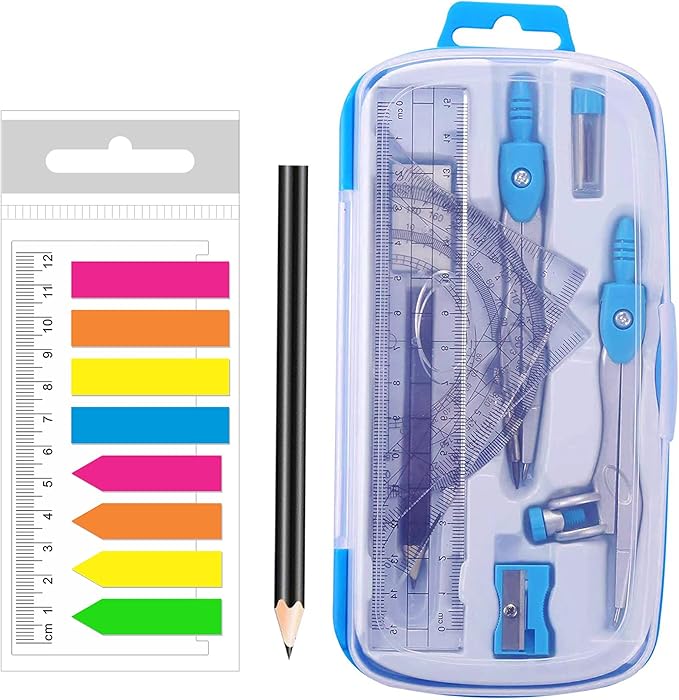 Math Compasses Back-to-School Starter Geometry Kit with 2 Drafting Compasses Protractor Set Squares Ruler and More for Students Maths Study Homework, Blue Set with Carry Case