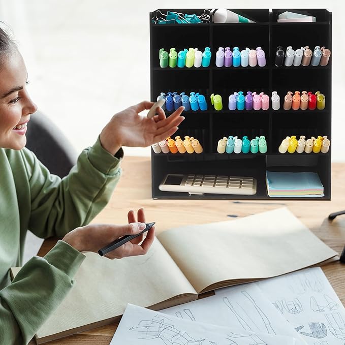 Acrylic Pen Organizer Storage for 150 Markers Vertical Marker Organizer Acrylic Pen Display Holder for Office Desk Desktop Stationery Pencil Storage, Black, 10.2 x 4 x 9.8 Inch