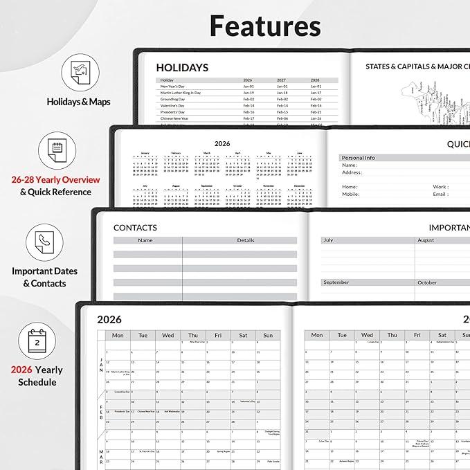 SUNEE 2026 Weekly & Monthly Hardcover Planner 5.5" x 8.3" - 12 Month (January 2026 - December 2026), Small Hardcover Planner, Pocket, Notes, 100 GSM Paper, Black