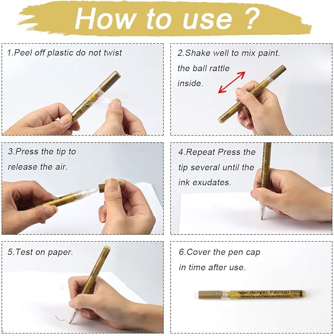 Paint Pen Gold Silver Metallic Permanent Acrylic Markers Set for Fabric Glass Rock Wooden Ceramic Leather Tire Painting, 0.7mm Extra Fine Tip (3pcs Gold+3pcs Silver)