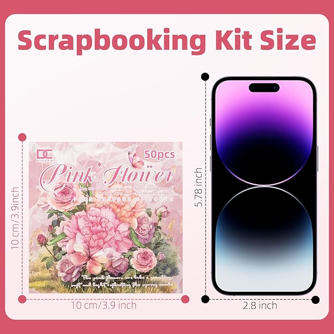 Pink Flower Theme Sticker Scrapbooking Supplies for Junk Journal 50 Sheets, Include 25 PET Stickers and 25 Paper of Scene Material Paper - Vintage Journaling Stickers (TZ-006-005)
