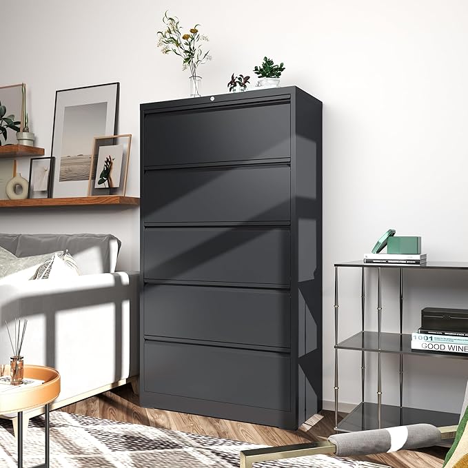 File Cabinets 5 Drawer,Metal Office Storage Filing Cabinet with Lock,Black Lateral Filing Cabinet for Home Office,Horizontal Locking File Cabinet for Legal/Letter/A4,Assembly Require,Black