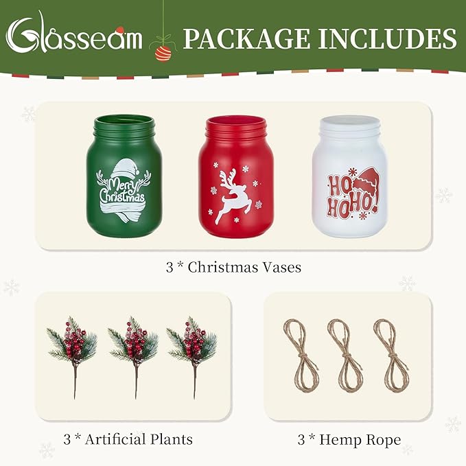 Glasseam Christmas Vases for Table Centerpiece: 3pcs Christmas Decorations Mason Jar with Artificial Flowers - Glass Flower Vases Set for Indoor Fireplace Mantle Home Decor