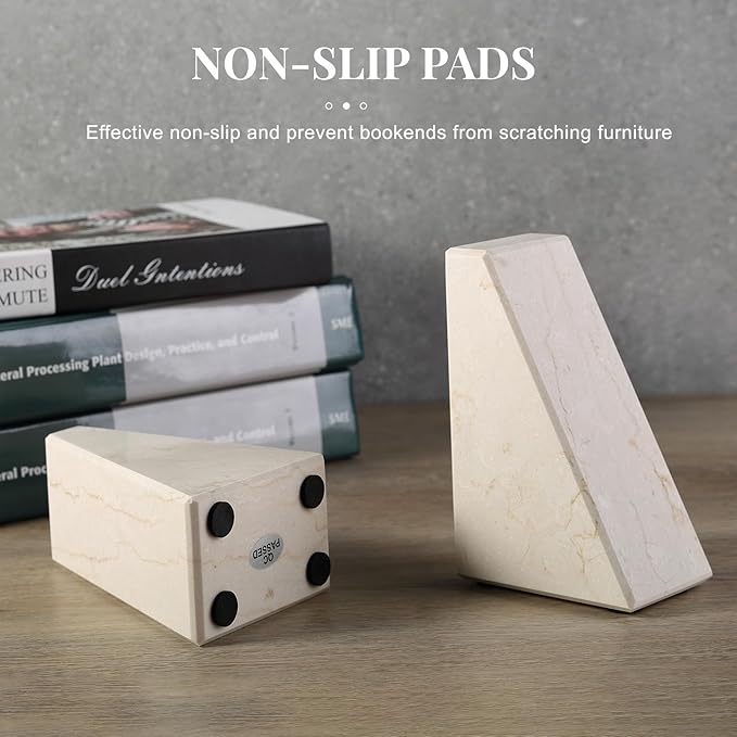 Koville Marble Bookends for Shelves, Large Bookends for Heavy Books, Non-Slip Heavy Duty Book Stopper for CD/Movies, Aesthetic Decorative Bookends for Shelves Table Home Decor(Beige)