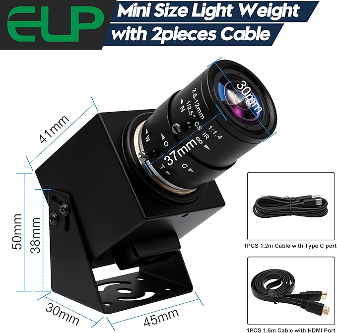 ELP 4K USB HDMI Camera Manual Zoom Webcam - Variable Focus H.264 Telescope USB Security Mini Close-up for Computer - 8mp IMX415 Industrial CCTV (2.8-12mm 4X Zoom Lens)