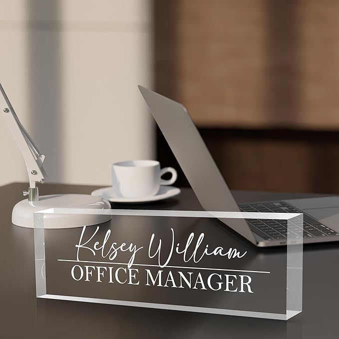 Personalized Name Plate for Desks, Custom Desk Name Plates, Acrylic Name Plate Office Desk Accessories, Personalized Office Gifts for Coworkers Teachers, Employee Appreciation Gifts (Engraved2)