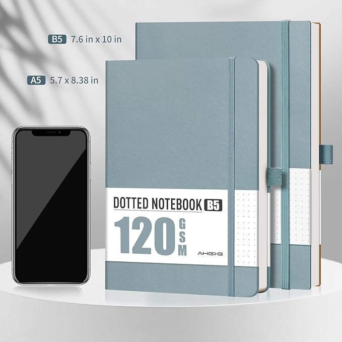 AHGXG Bullet Dotted Journal - Dot Grid Notebook Journal, 120 GSM Thick Acid-Free Paper, A5 Dotted Notebook 160 Pages, Leather Hardcover, Inner Pocket, Journal Stencil, 5.7'' × 8.3'' - Gray Blue