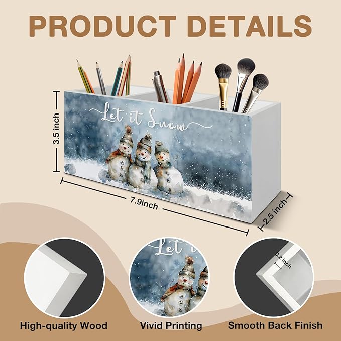 Winter Christmas Snowman Pen Pencil Holder Organizer for Desk Accessories, Snowman Gifts, Snow Rustic Christmas Wooden Box Signs Decorations for Home Office Desk Tabletop
