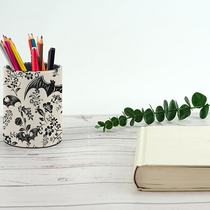 Gothic Bat Flowers Pen Holder Pencil Organizer Cute Pencil Cup Desk Decor Makeup Brush Holder PU Multifunctional Office Suppliesfor Home Classroom School