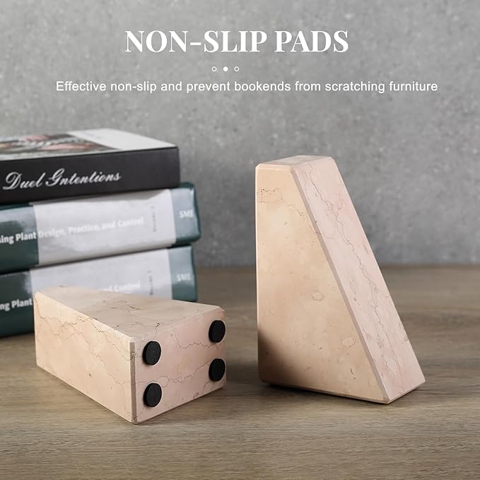 Koville Natural Stone Bookends for Shelves, Granite Book Ends for Heavy Books, Non-Slip Heavy Duty Book Stopper for CD/Movies, Decorative Bookend for Bookshelf Table Home Decor(Pink)