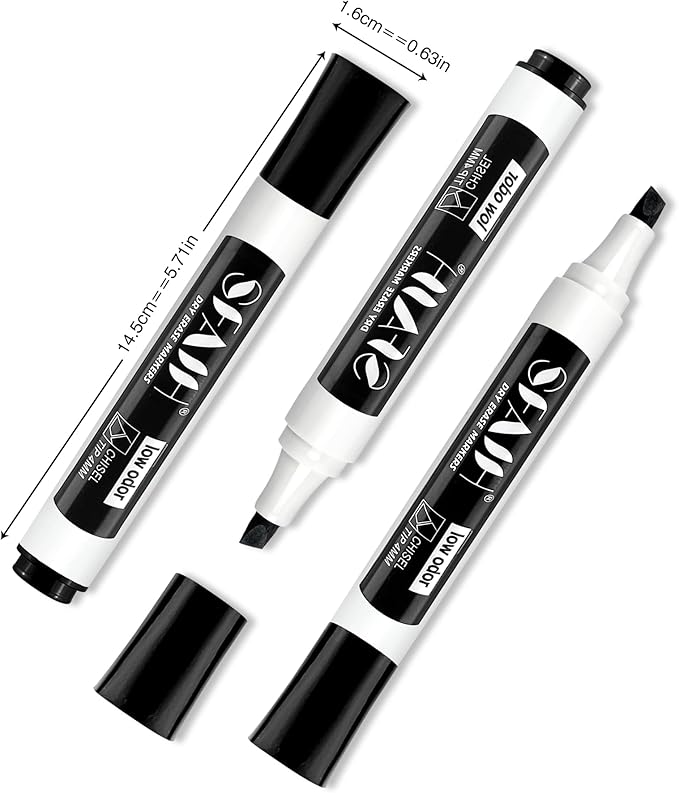 SFAIH Dry Erase Markers Chisel Tip with Magnetic Whiteboard Eraser, 36 Bulk Pack Black White Board Markers for Teachers & Students, Versatile Lines, 1s Quickly Dry, Perfect for Classroom and Office