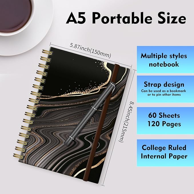 Spiral Journal Notebook, A5 Cute Notebooks for Women Men, College Ruled Hardcover Notebook for Work & Note Taking, 60 Pages Double-Wire Journals for Writing, Black Gold Marble