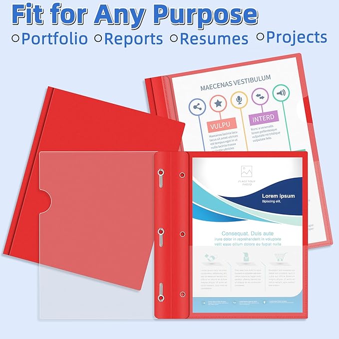 HAUTOCO 30 Pack Plastic Report Covers with 3-Prong Fasteners Clear Front Presentation Folders Resume Folders for 8.5x11 Letter Size Paper, Document Report Cover for School Office Business, Red