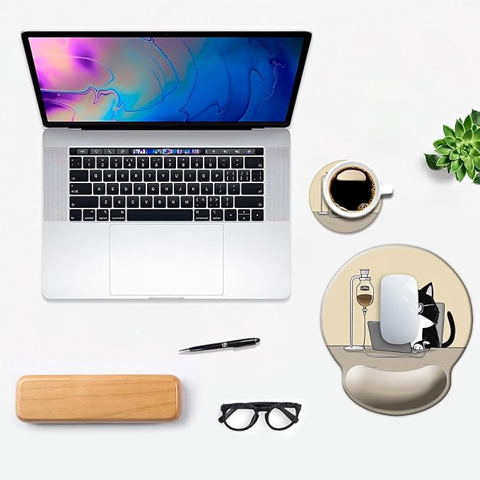 Ergonomic Mouse Pad with Wrist Support,Mouse Pad with Wrist Rest,Relieve Wrist Pain Mousepad Non-Slip Rubber Base,Mouse Pads for Desk,Computers,Laptop,Office,Home,Accessories Cute Coffee Cat