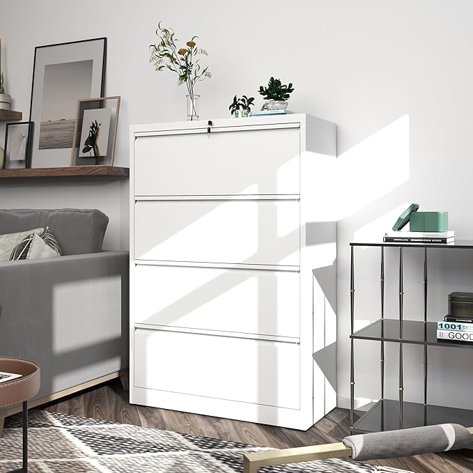 File Cabinets 4 Drawer,Metal Office Storage Filing Cabinet with Lock,White Lateral Filing Cabinet for Home Office,Horizontal Locking File Cabinet for Legal/Letter/A4,Assembly Require,White