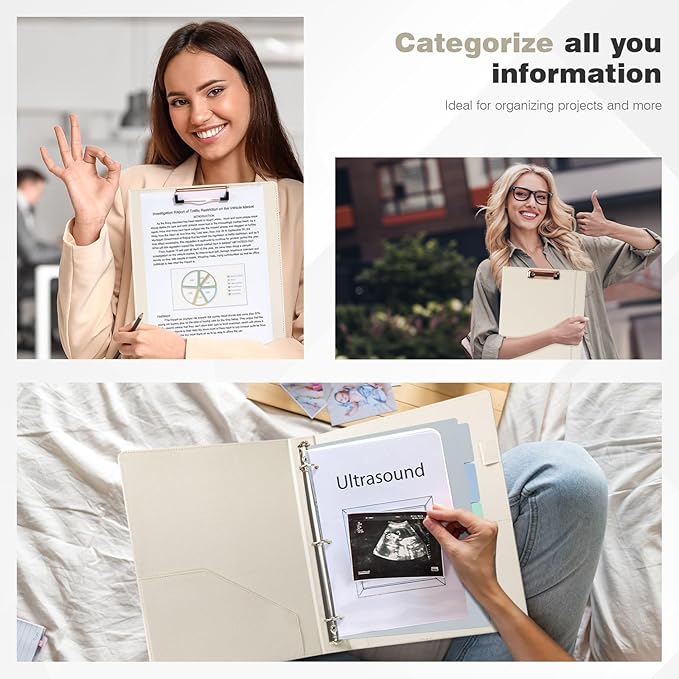 Ospelelf 3 Ring Binder 1 Inch Vintage Hardcover, Leather Organizer for Letter Size, Professional Clipboard With Dividers and Tabs, Beige